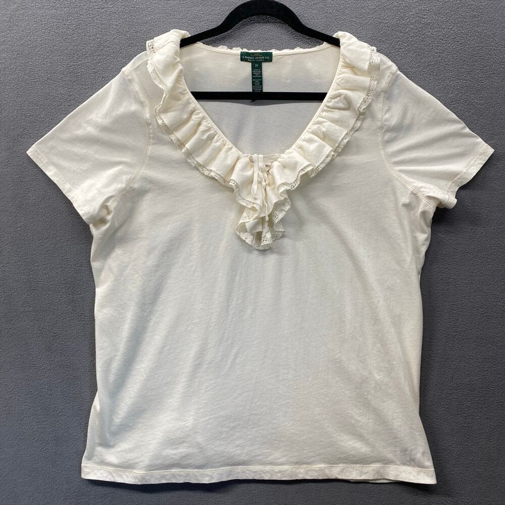 Ralph Lauren Ruffle V Neck Top Womens 2X Cream Short Sleeve Lace Cottagecore